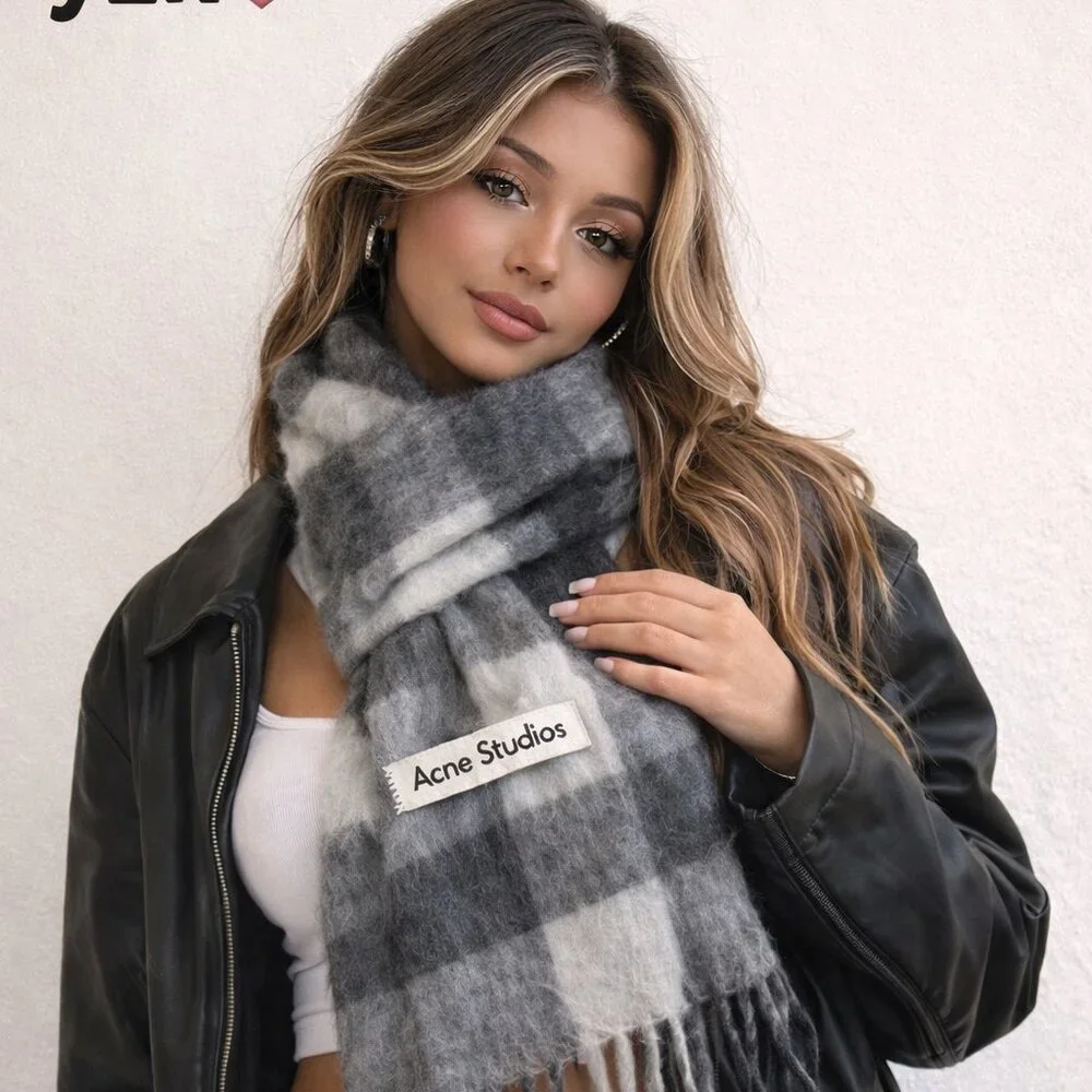Acne Studios Gray Plaid Wool Fringe Scarf Designer